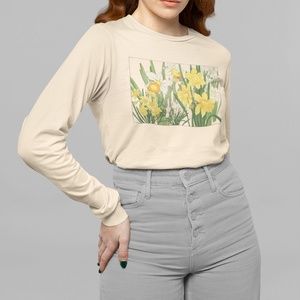 Japanese Daffodil Flowers Ukyio-e Print Long Sleeve Graphic Tee T-shirt S M L XL